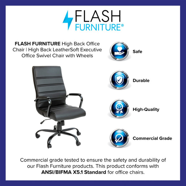 English Elm Whitney High Back Executive Swivel Office Chair - Ergonomic Comfort for Productive Workdays Black LeatherSoft/Black Frame GO-2286H-BK-BK-GG