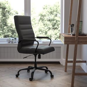 English Elm Whitney High Back Executive Swivel Office Chair - Ergonomic Comfort for Productive Workdays Black LeatherSoft/Black Frame GO-2286H-BK-BK-GG