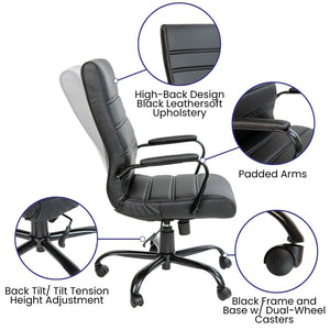 English Elm Whitney High Back Executive Swivel Office Chair - Ergonomic Comfort for Productive Workdays Black LeatherSoft/Black Frame GO-2286H-BK-BK-GG