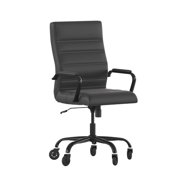 English Elm Whitney High Back Executive Swivel Office Chair - Ergonomic Design with Transparent Roller Wheels Black LeatherSoft/Black Frame GO-2286H-BK-BK-RLB-GG