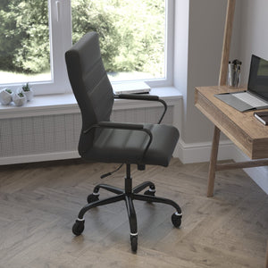 English Elm Whitney High Back Executive Swivel Office Chair - Ergonomic Design with Transparent Roller Wheels Black LeatherSoft/Black Frame GO-2286H-BK-BK-RLB-GG