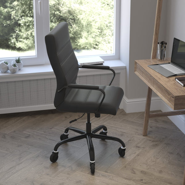 English Elm Whitney High Back Executive Swivel Office Chair - Ergonomic Design with Transparent Roller Wheels Black LeatherSoft/Black Frame GO-2286H-BK-BK-RLB-GG