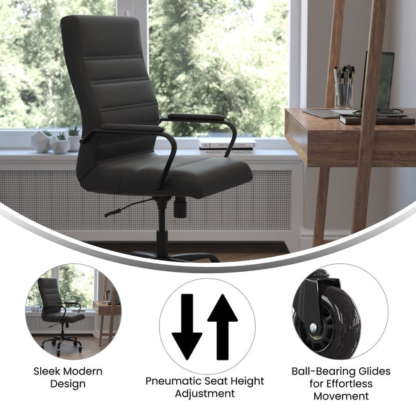 English Elm Whitney High Back Executive Swivel Office Chair - Ergonomic Design with Transparent Roller Wheels Black LeatherSoft/Black Frame GO-2286H-BK-BK-RLB-GG