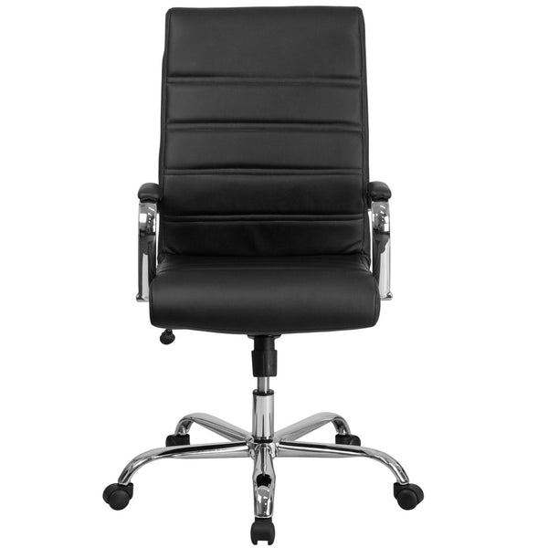 English Elm Whitney High Back Executive Swivel Office Chair - Ergonomic Comfort for Productive Workdays Black LeatherSoft/Chrome Frame GO-2286H-BK-GG
