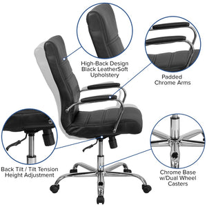 English Elm Whitney High Back Executive Swivel Office Chair - Ergonomic Comfort for Productive Workdays Black LeatherSoft/Chrome Frame GO-2286H-BK-GG