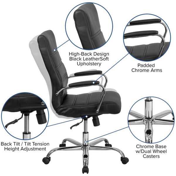 English Elm Whitney High Back Executive Swivel Office Chair - Ergonomic Comfort for Productive Workdays Black LeatherSoft/Chrome Frame GO-2286H-BK-GG