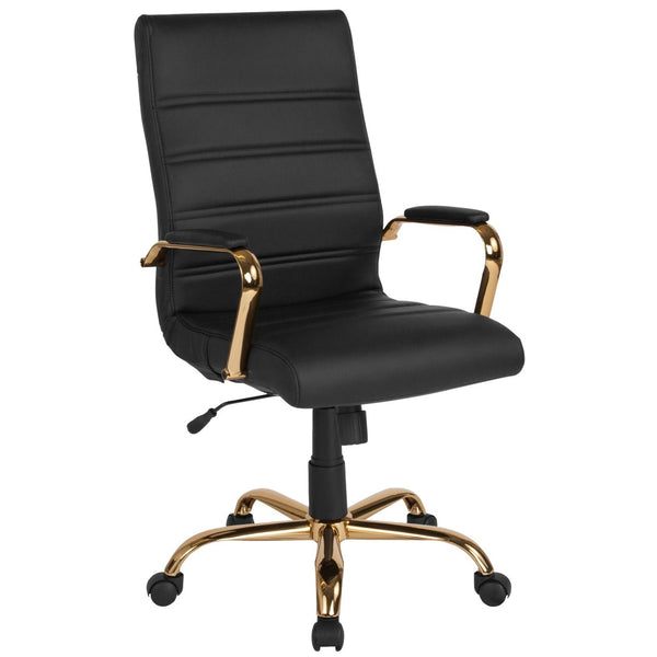 English Elm Whitney High Back Executive Swivel Office Chair - Ergonomic Comfort for Productive Workdays Black LeatherSoft/Gold Frame GO-2286H-BK-GLD-GG