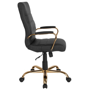 English Elm Whitney High Back Executive Swivel Office Chair - Ergonomic Comfort for Productive Workdays Black LeatherSoft/Gold Frame GO-2286H-BK-GLD-GG