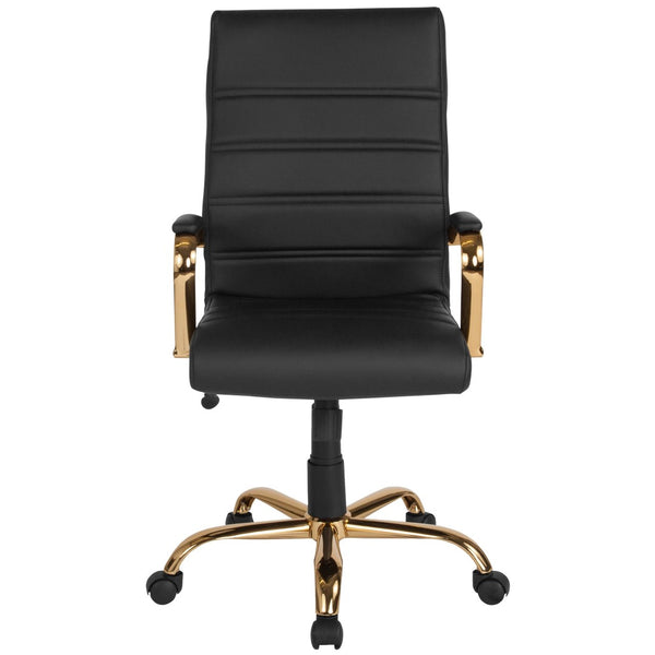 English Elm Whitney High Back Executive Swivel Office Chair - Ergonomic Comfort for Productive Workdays Black LeatherSoft/Gold Frame GO-2286H-BK-GLD-GG