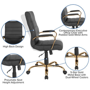 English Elm Whitney High Back Executive Swivel Office Chair - Ergonomic Comfort for Productive Workdays Black LeatherSoft/Gold Frame GO-2286H-BK-GLD-GG