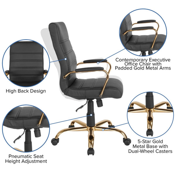 English Elm Whitney High Back Executive Swivel Office Chair - Ergonomic Comfort for Productive Workdays Black LeatherSoft/Gold Frame GO-2286H-BK-GLD-GG