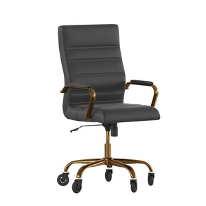 English Elm Whitney High Back Executive Swivel Office Chair - Ergonomic Design with Transparent Roller Wheels Black LeatherSoft/Gold Frame GO-2286H-BK-GLD-RLB-GG