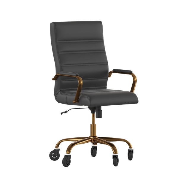 English Elm Whitney High Back Executive Swivel Office Chair - Ergonomic Design with Transparent Roller Wheels Black LeatherSoft/Gold Frame GO-2286H-BK-GLD-RLB-GG