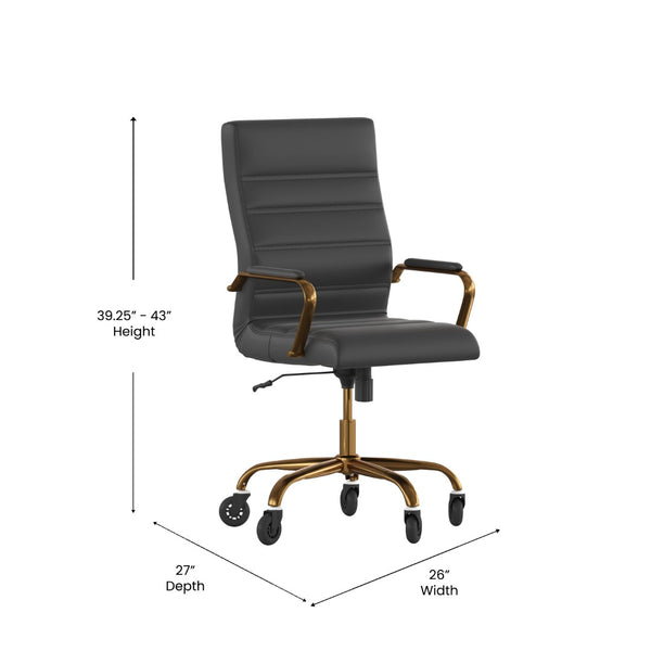 English Elm Whitney High Back Executive Swivel Office Chair - Ergonomic Design with Transparent Roller Wheels Black LeatherSoft/Gold Frame GO-2286H-BK-GLD-RLB-GG