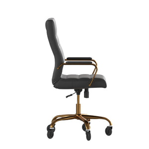English Elm Whitney High Back Executive Swivel Office Chair - Ergonomic Design with Transparent Roller Wheels Black LeatherSoft/Gold Frame GO-2286H-BK-GLD-RLB-GG