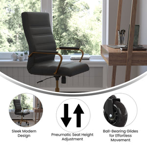 English Elm Whitney High Back Executive Swivel Office Chair - Ergonomic Design with Transparent Roller Wheels Black LeatherSoft/Gold Frame GO-2286H-BK-GLD-RLB-GG