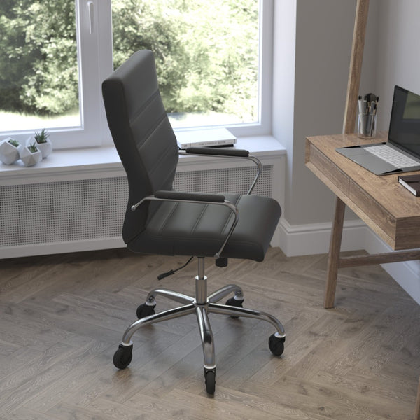 English Elm Whitney High Back Executive Swivel Office Chair - Ergonomic Design with Transparent Roller Wheels Black LeatherSoft/Chrome Frame GO-2286H-BK-RLB-GG