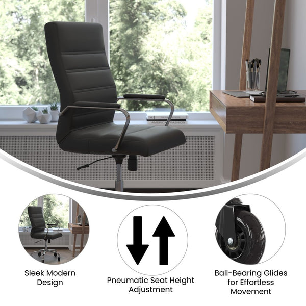 English Elm Whitney High Back Executive Swivel Office Chair - Ergonomic Design with Transparent Roller Wheels Black LeatherSoft/Chrome Frame GO-2286H-BK-RLB-GG