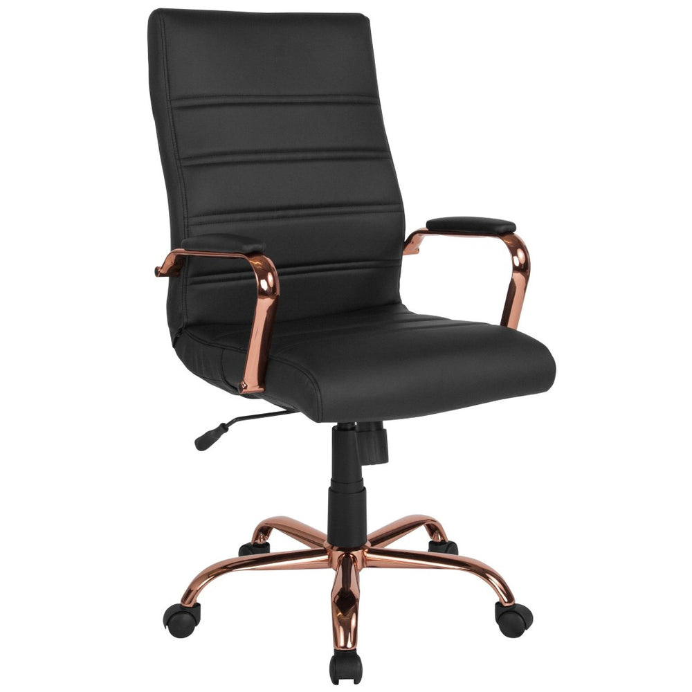 English Elm Whitney High Back Executive Swivel Office Chair - Ergonomic Comfort for Productive Workdays Black LeatherSoft/Rose Gold Frame GO-2286H-BK-RSGLD-GG
