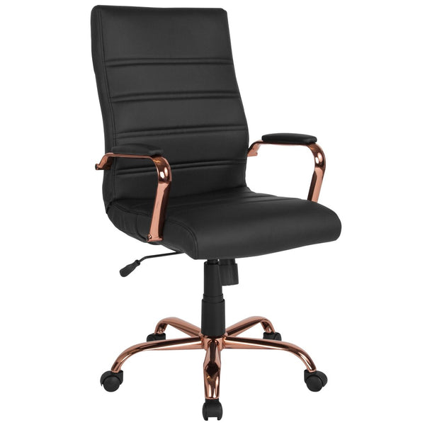 English Elm Whitney High Back Executive Swivel Office Chair - Ergonomic Comfort for Productive Workdays Black LeatherSoft/Rose Gold Frame GO-2286H-BK-RSGLD-GG