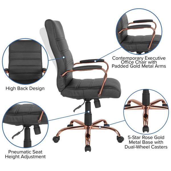 English Elm Whitney High Back Executive Swivel Office Chair - Ergonomic Comfort for Productive Workdays Black LeatherSoft/Rose Gold Frame GO-2286H-BK-RSGLD-GG
