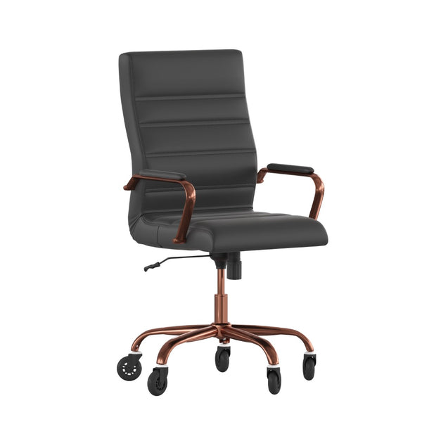 English Elm Whitney High Back Executive Swivel Office Chair - Ergonomic Design with Transparent Roller Wheels Black LeatherSoft/Rose Gold Frame GO-2286H-BK-RSGLD-RLB-GG