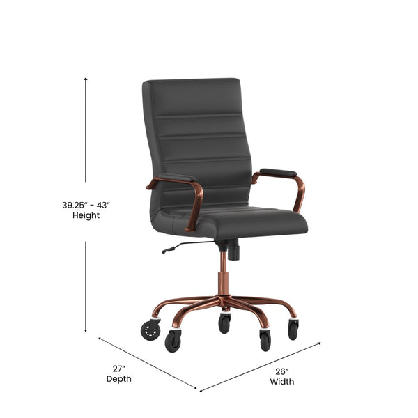 English Elm Whitney High Back Executive Swivel Office Chair - Ergonomic Design with Transparent Roller Wheels Black LeatherSoft/Rose Gold Frame GO-2286H-BK-RSGLD-RLB-GG