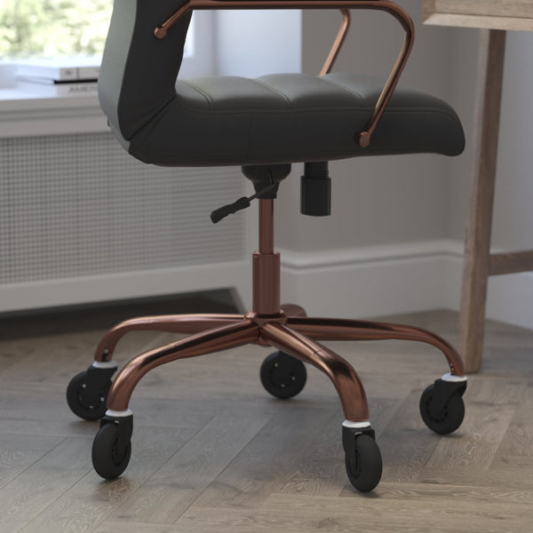 English Elm Whitney High Back Executive Swivel Office Chair - Ergonomic Design with Transparent Roller Wheels Black LeatherSoft/Rose Gold Frame GO-2286H-BK-RSGLD-RLB-GG