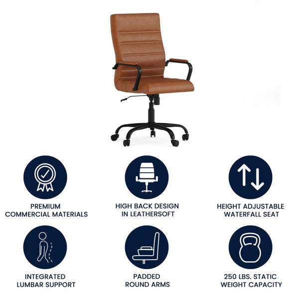 English Elm Whitney High Back Executive Swivel Office Chair - Ergonomic Comfort for Productive Workdays Brown LeatherSoft/Black Frame GO-2286H-BR-BK-GG
