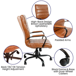 English Elm Whitney High Back Executive Swivel Office Chair - Ergonomic Comfort for Productive Workdays Brown LeatherSoft/Black Frame GO-2286H-BR-BK-GG