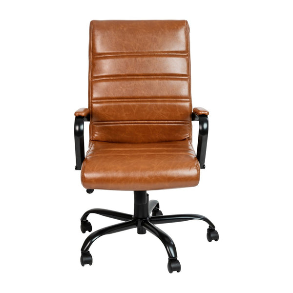 English Elm Whitney High Back Executive Swivel Office Chair - Ergonomic Comfort for Productive Workdays Brown LeatherSoft/Black Frame GO-2286H-BR-BK-GG