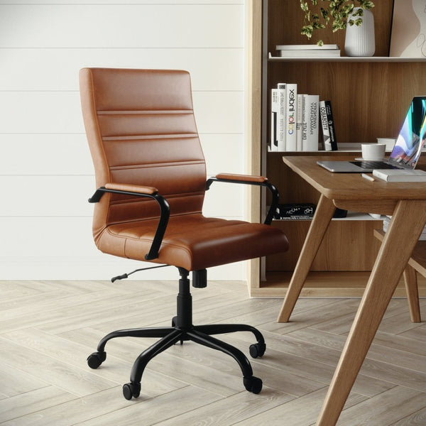 English Elm Whitney High Back Executive Swivel Office Chair - Ergonomic Comfort for Productive Workdays Brown LeatherSoft/Black Frame GO-2286H-BR-BK-GG