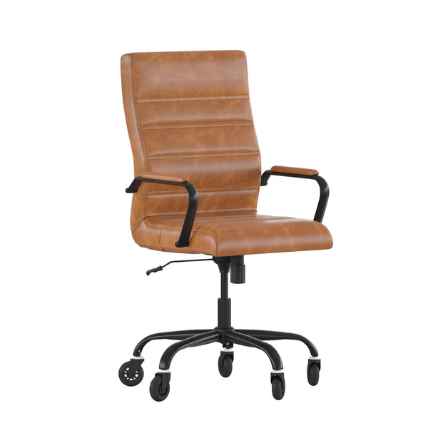 English Elm Whitney High Back Executive Swivel Office Chair - Ergonomic Design with Transparent Roller Wheels Brown LeatherSoft/Black Frame GO-2286H-BR-BK-RLB-GG