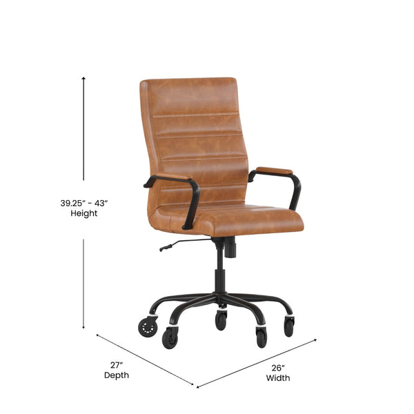 English Elm Whitney High Back Executive Swivel Office Chair - Ergonomic Design with Transparent Roller Wheels Brown LeatherSoft/Black Frame GO-2286H-BR-BK-RLB-GG