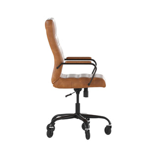 English Elm Whitney High Back Executive Swivel Office Chair - Ergonomic Design with Transparent Roller Wheels Brown LeatherSoft/Black Frame GO-2286H-BR-BK-RLB-GG