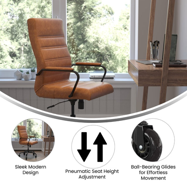 English Elm Whitney High Back Executive Swivel Office Chair - Ergonomic Design with Transparent Roller Wheels Brown LeatherSoft/Black Frame GO-2286H-BR-BK-RLB-GG