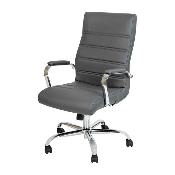 English Elm Whitney High Back Executive Swivel Office Chair - Ergonomic Comfort for Productive Workdays Gray LeatherSoft/Chrome Frame GO-2286H-GR-GG