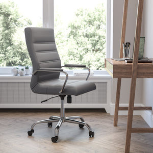 English Elm Whitney High Back Executive Swivel Office Chair - Ergonomic Comfort for Productive Workdays Gray LeatherSoft/Chrome Frame GO-2286H-GR-GG