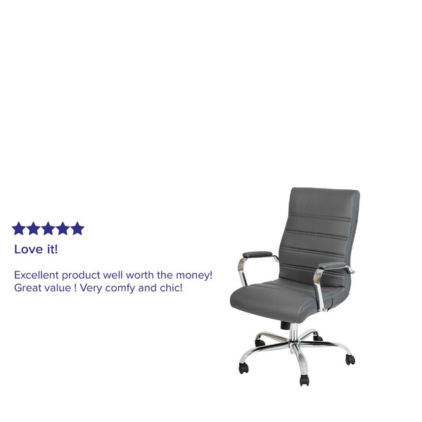 English Elm Whitney High Back Executive Swivel Office Chair - Ergonomic Comfort for Productive Workdays Gray LeatherSoft/Chrome Frame GO-2286H-GR-GG