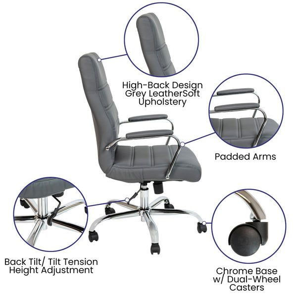 English Elm Whitney High Back Executive Swivel Office Chair - Ergonomic Comfort for Productive Workdays Gray LeatherSoft/Chrome Frame GO-2286H-GR-GG