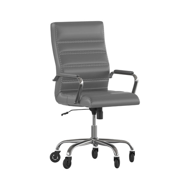 English Elm Whitney High Back Executive Swivel Office Chair - Ergonomic Design with Transparent Roller Wheels Gray LeatherSoft/Chrome Frame GO-2286H-GR-RLB-GG
