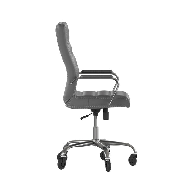 English Elm Whitney High Back Executive Swivel Office Chair - Ergonomic Design with Transparent Roller Wheels Gray LeatherSoft/Chrome Frame GO-2286H-GR-RLB-GG