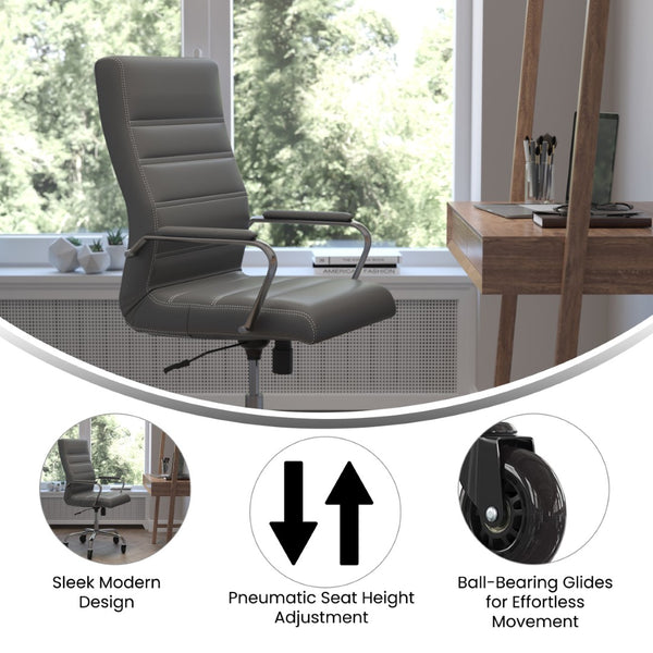 English Elm Whitney High Back Executive Swivel Office Chair - Ergonomic Design with Transparent Roller Wheels Gray LeatherSoft/Chrome Frame GO-2286H-GR-RLB-GG