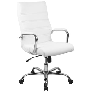English Elm Whitney High Back Executive Swivel Office Chair - Ergonomic Comfort for Productive Workdays White LeatherSoft/Chrome Frame GO-2286H-WH-GG