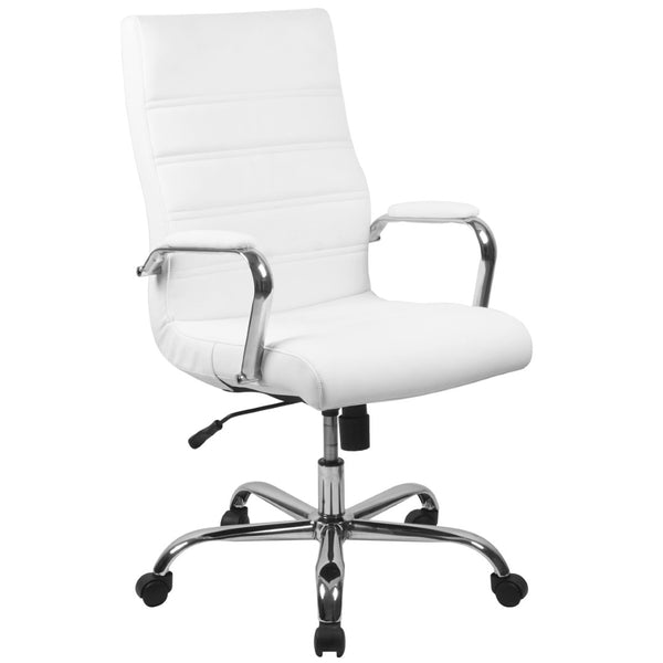 English Elm Whitney High Back Executive Swivel Office Chair - Ergonomic Comfort for Productive Workdays White LeatherSoft/Chrome Frame GO-2286H-WH-GG