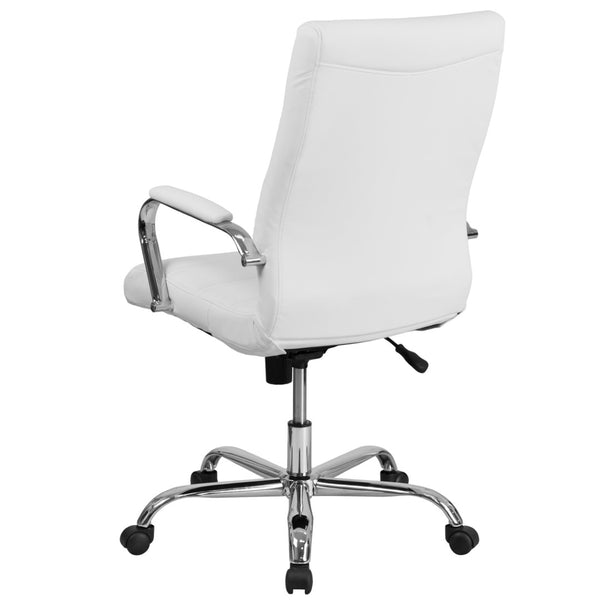 English Elm Whitney High Back Executive Swivel Office Chair - Ergonomic Comfort for Productive Workdays White LeatherSoft/Chrome Frame GO-2286H-WH-GG