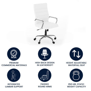 English Elm Whitney High Back Executive Swivel Office Chair - Ergonomic Comfort for Productive Workdays White LeatherSoft/Chrome Frame GO-2286H-WH-GG