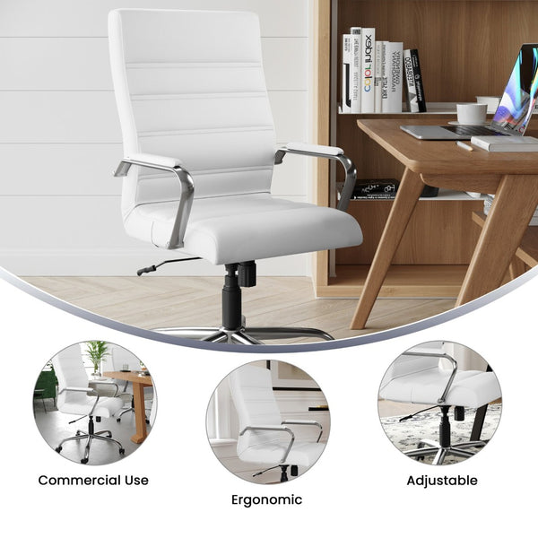 English Elm Whitney High Back Executive Swivel Office Chair - Ergonomic Comfort for Productive Workdays White LeatherSoft/Chrome Frame GO-2286H-WH-GG