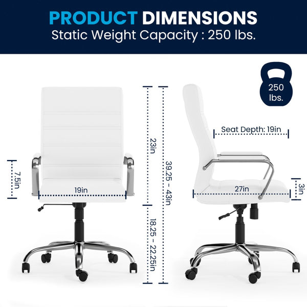English Elm Whitney High Back Executive Swivel Office Chair - Ergonomic Comfort for Productive Workdays White LeatherSoft/Chrome Frame GO-2286H-WH-GG