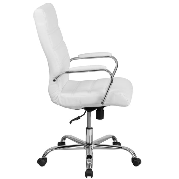 English Elm Whitney High Back Executive Swivel Office Chair - Ergonomic Comfort for Productive Workdays White LeatherSoft/Chrome Frame GO-2286H-WH-GG